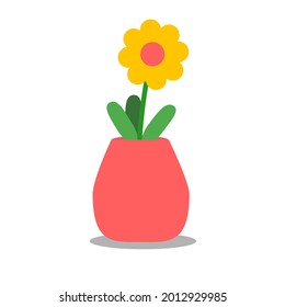 Red flower vase with yellow flowers and leaves. Vector illustration on white background.