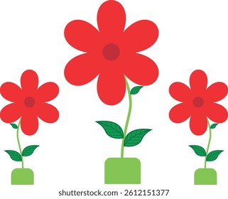 Red Flower Vector Illustration with Green Leaves and Pot