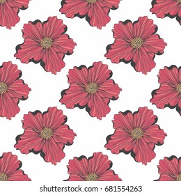 Red flower. Vector seamless hand drawn pattern for design and decoration of textiles, clothing, covers, wallpaper, curtains, accessories, packaging and wrapping paper and other surfaces