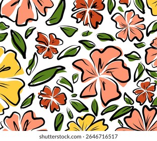 Red flower vintage motif for background or dress pattern with leaves 