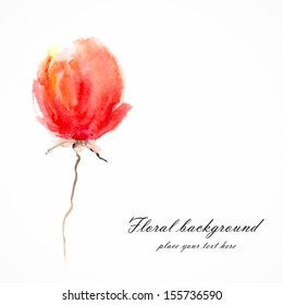 Red flower.  Watercolor floral decoration. Floral bouquet. Vector floral background. Birthday card.