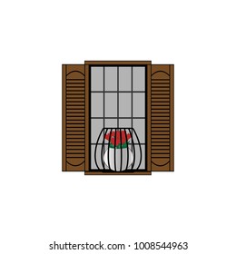 Red flower in a window with shutters