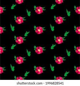 red flower with yellow stamens and green leaves black background,seamless pattern vector, hand drawn style.