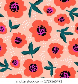 Red flowers abstract pattern. Trendy hand-drawn vector floral pattern design. Seamless texture for web, textile and stationery. Modern vibrant abstract florals and leaves.