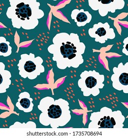 Red flowers abstract pattern. Trendy hand-drawn vector floral pattern design. Seamless texture for web, textile and stationery. Modern vibrant abstract florals and leaves.