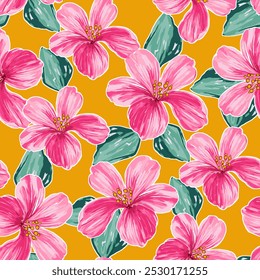 red flowers arranged on a yellow background. seamless floral textile design.