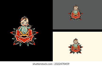 red flowers and baby boy vector flat design