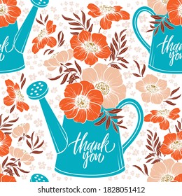 Red flowers in the blue water can. Vector seamless pattern with floral garden theme
