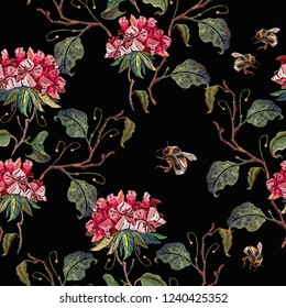 Red flowers botany embroidery seamless pattern. Template for design of clothes, t-shirt design 