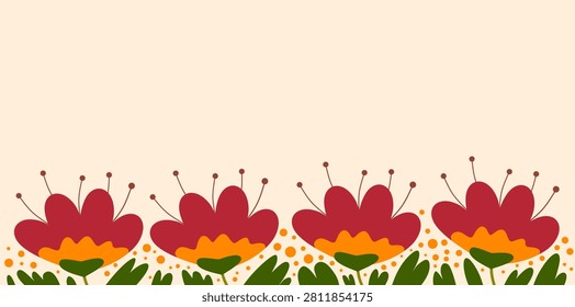 Red Flowers Bottom Border Blank Business Card Design