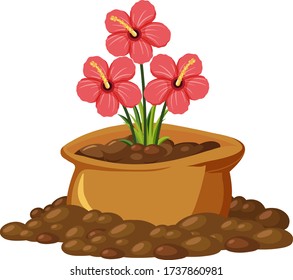 Red flowers in brown bag on white background illustration