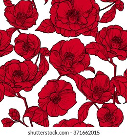 Red flowers camellia.Vector seamless pattern