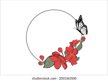 Red flowers circle and butterfly design vector. margarita mariposa stationery,mug,t shirt,phone case fashion slogan style spring summer sticker 