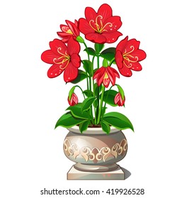 Red flowers in a clay pot. Vector illustration.