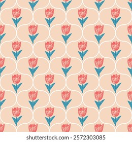 Red flowers crayon drawn seamless pattern. Floral allover background. Damask tulip botanic repeat backdrop. Surface pattern design spring ogee motif. Vector hand drawn illustration.