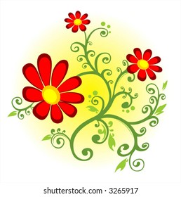 Red flowers with curls on a yellow-white background.