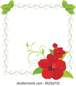 Red flowers in the decorative frame. Vector
