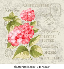Red flowers design for invitation card template. Vintage postcard background vector template for wedding invitation. Label with hortensia flowers. Vector illustration.