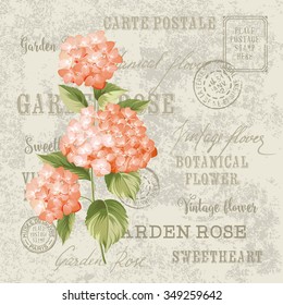 Red flowers design for invitation card template. Vintage postcard background vector template for wedding invitation. Label with hortensia flowers. Vector illustration.