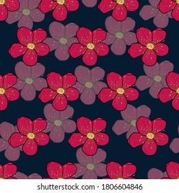 Red flowers drawn by hand on a dark background. Floral pattern, template for your design. Endless swatch. Vector illustration. 