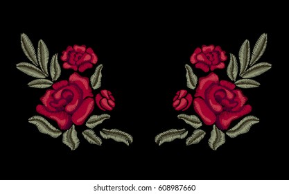 Red flowers. Embroidered roses. Vector floral print.