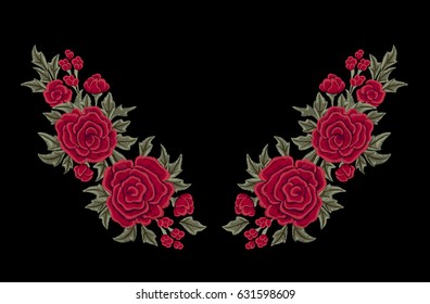 Red flowers. Embroidery.