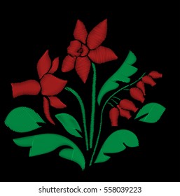 red flowers embroidery vector hand drawing