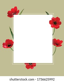 Red flowers. Floral background. Tulips. Border. Green. Leaves.