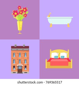 Red flowers in golden vase, ceramic bath, three-storey brick hotel building and soft spacious bed isolated vector illustrations set.