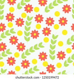 Red flowers and green branches in a flat style. Vector seamless pattern.