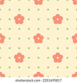 Red flowers and green dots on beige background. Vector seamless pattern. Best for textile, wallpapers, home decoration, digital paper, package and your design.