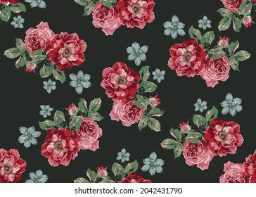 Red flowers with green leaves arrangement allover for textile printing factory