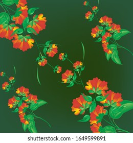 Red flowers and green leaves on black background wallpaper pattern design.Vector illustration.