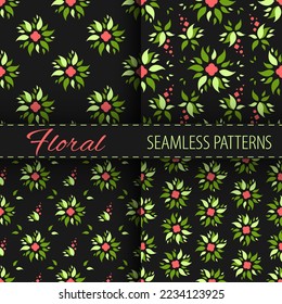 Red flowers and green leaves on black background. Floral seamless patterns collection. Best for textile, wallpapers, wrapping paper, package and home decoration.