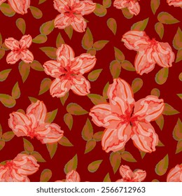 Red flowers and green leaves painted with brushes on dark background. Seamless watercolor pattern. Transparency effect. For print, wallpaper, wrapping-paper, cover, fabric, card. Vector.