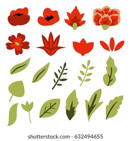 Red flowers and green leaves set