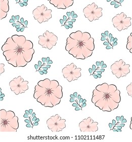Red flowers, green leaves, spring, summer, blossom. Vector Floral Background. Elegant template for prints. Print on a white background.