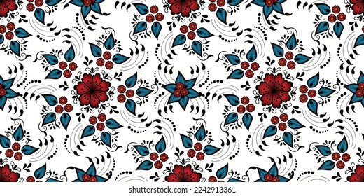 red flowers with green leaves vector pattern with white background
