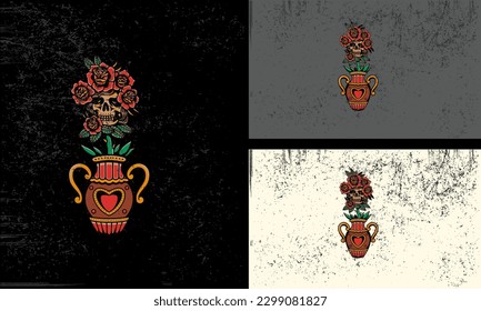 red flowers and head skull vector mascot design