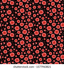 Red flowers and hearts flat vector seamless pattern. Small wildflowers blossoms and petals on balck background. Floral backdrop. Valentine Day romantic wrapping paper, fabric, textile design