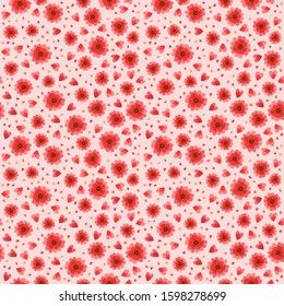 Red flowers and hearts flat vector seamless pattern. Small wildflowers blossoms and petals on pink background. Floral backdrop. Valentine Day romantic wrapping paper, fabric, textile design