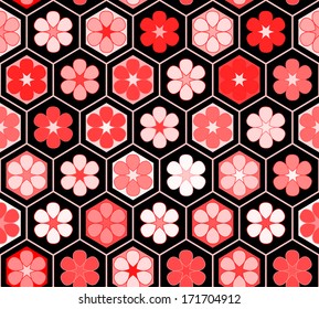 Red flowers in a hexagon geometric structure seamless pattern, vector