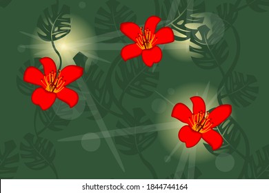red flowers in the jungle in the rays of light