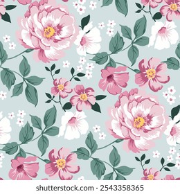 Red flowers and leaves are arranged on a soft blue background. allaover floral textile design