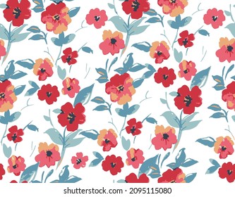Red flowers and leaves elements on white background. Spring floral pattern.