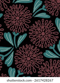 Red flowers with leaves on black background for branding, fabric print, wallpaper, social media post, doodle, notes, book covers, wall decor.