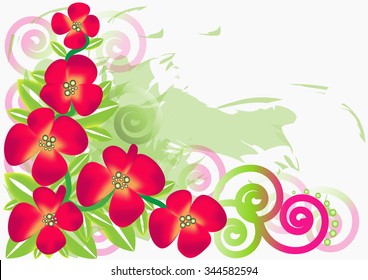 red flowers and leaves on white background