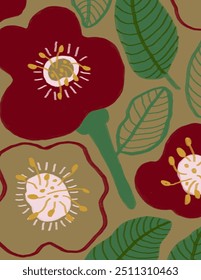 Red flowers and leaves patterns on brown background for branding package, fabric print, wallpaper, social media post, doodle, notes, book covers, wall decor.