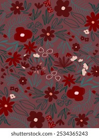 Red  flowers and leaves patterns on red background for web banner, business presentation, branding package, fabric print, wallpaper, social media post, doodle, notes, book covers, wall decor.