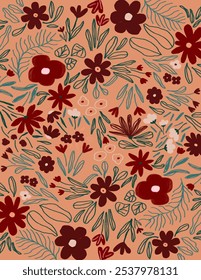 Red flowers and leaves patterns on nude background for web banner, branding package, fabric print, wallpaper, social media post, doodle, notes, book covers, wall decor.
